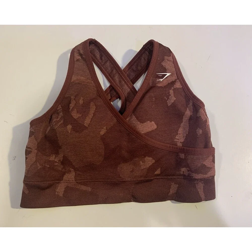 GYMSHARK ADAPT CAMO SEAMLESS SPORTS BRA MAROON SIZE SMALL (#1)